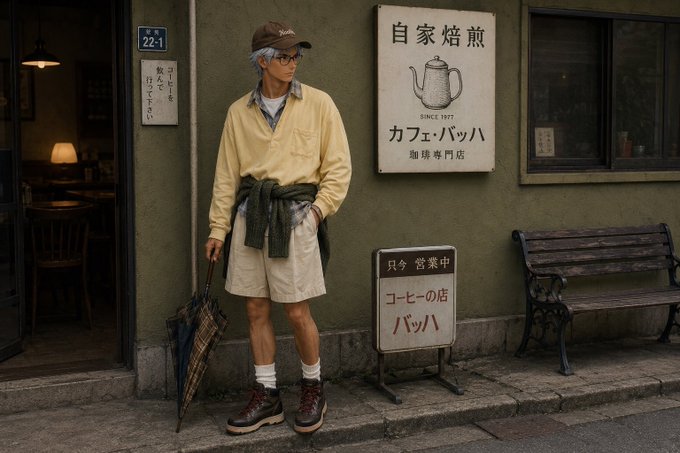 A young man in a yellow sweater, shorts, and brown cap stands outside a Japanese coffee shop with signage reading '自家焙煎', 'SINCE 1977', 'カフェ・バツハ', and '珈琲専門店', holding a plaid umbrella.