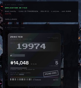 CRT station interface showing an APPLICATION DA FILE with ZDACTED token information, balance 19974, rank #14,048, and PENDING status.