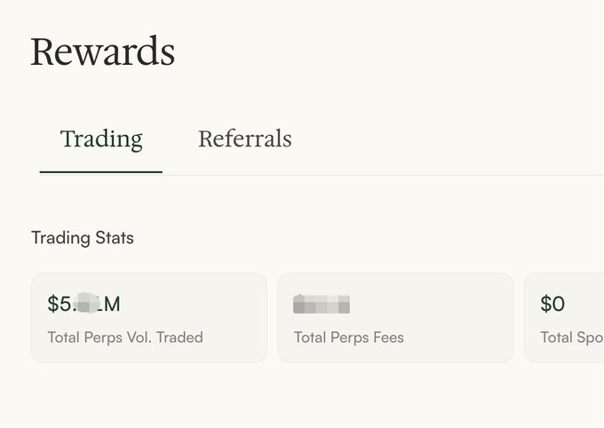 A rewards dashboard showing the 'Trading' tab with 'Trading Stats' displaying $5.XM Total Perps Vol. Traded, an obscured Total Perps Fees value, and $0 Total Spo[nsorship].