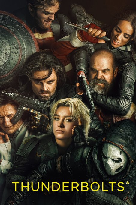 The image is a promotional poster for "Thunderbolts*," featuring the assembled team of anti-heroes—including Yelena Belova, Bucky Barnes, U.S. Agent, Red Guardian, Ghost, Taskmaster, and John Walker—posing in their tactical gear with weapons drawn. The bold yellow "THUNDERBOLTS*" text at the bottom ties into the post's emphatic "YES," suggesting enthusiastic approval or anticipation for the film's arrival.