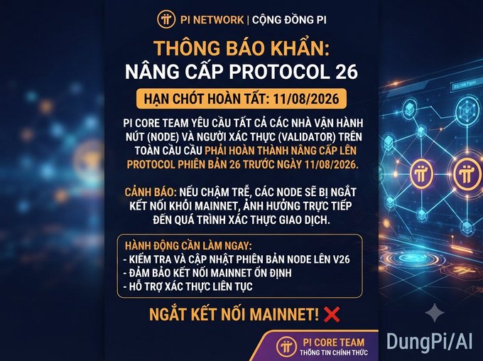 An urgent Pi Network announcement displayed in Vietnamese warns node operators and validators to complete the Protocol 26 upgrade by the deadline of 11/08/2026, warning that delays will disconnect nodes from the mainnet and disrupt transaction verification. The graphic, branded with "CỘNG ĐỒNG PI" and a "DungPi/AI" watermark, includes a red "NGẮT KẾT NỐI MAINNET!" alert and lists immediate actions such as updating to Node V26 and maintaining stable mainnet connectivity.