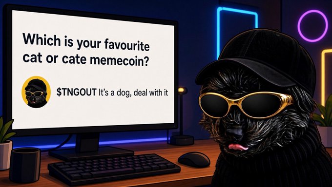 A digital illustration of a black dog wearing sunglasses and a black cap, sitting at a computer displaying the text 'Which is your favourite cat or cate memecoin?' with a reply from '$TNGOUT It's a dog, deal with it.'