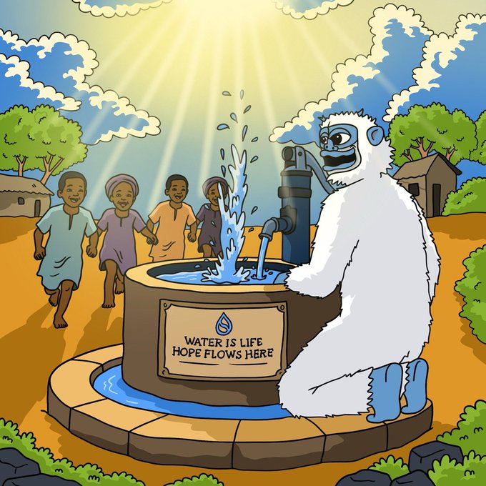 ?" Water's Life Is Hope Flows Here". The character, a gorilla with white fur, is standing behind a fountain that has blue water flowing from it and is connected to a pipe. This suggests an environmentally friendly initiative where water conservation and accessibility become priorities. If our next initiative involves helping provide clean water for communities around the world in need or focusing on sustainable initiatives like this one, we should consider the global context and prioritize those areas that are most affected by water scarcity or pollution," the post explains.