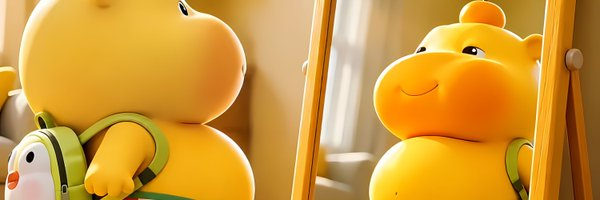 A 3D-rendered scene of cute, plump yellow cartoon characters, one wearing a green backpack, looking into a mirror or reflective surface in a brightly lit setting.