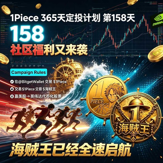 A promotional graphic for '1Piece 365天定投计划 第158天' features anime-style characters running with a ship wheel and gold coins labeled 'PIECE' and '海贼王', set against a stock chart background with BitgetWallet branding.