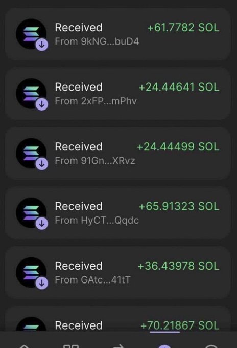 A mobile wallet interface displays multiple received transactions of Solana (SOL) cryptocurrency in varying amounts, including +61.7782 SOL and +65.91323 SOL.