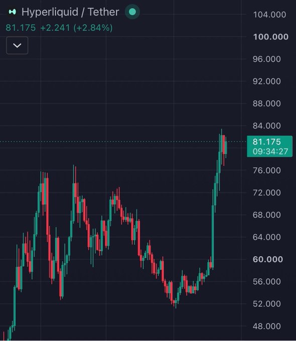 A cryptocurrency trading chart for 'Hyperliquid / Tether' showing price at 81.175 (+2.241, +2.84%) with candlestick patterns and price range from 48.000 to 104.000.