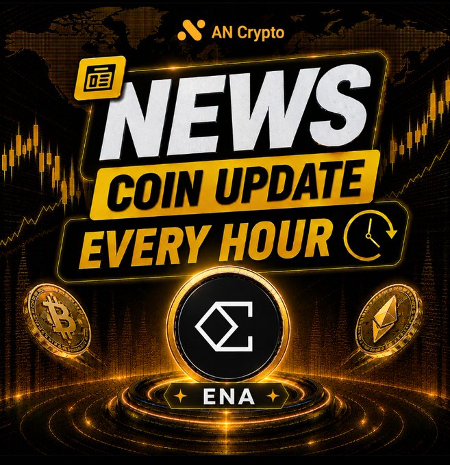 A crypto news graphic from AN Crypto displays "NEWS COIN UPDATE EVERY HOUR" with the ENA (Ethena) coin featured centrally on a glowing platform alongside Bitcoin and Ethereum coins, visually representing the Standard Chartered price target coverage announcement for Ethena's USDe growth potential.