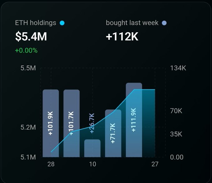 In the image, a black screen displays a graph with Etherium holdings increasing over time. A series of blue bars are used to represent different amounts of ether held by institutions. There is also text at the top that provides information about Ethereum's value and why people find it confusing. The overlay shows how much in ether each institution holds, and there are descriptions about what it is used for.