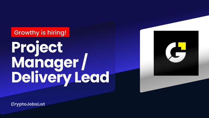 A job listing graphic for "Project Manager / Delivery Lead" at Growthy, featuring a stylized "G" logo on a laptop against a purple background, with a "Growthy is hiring!" tag and the CryptoJobsList branding.