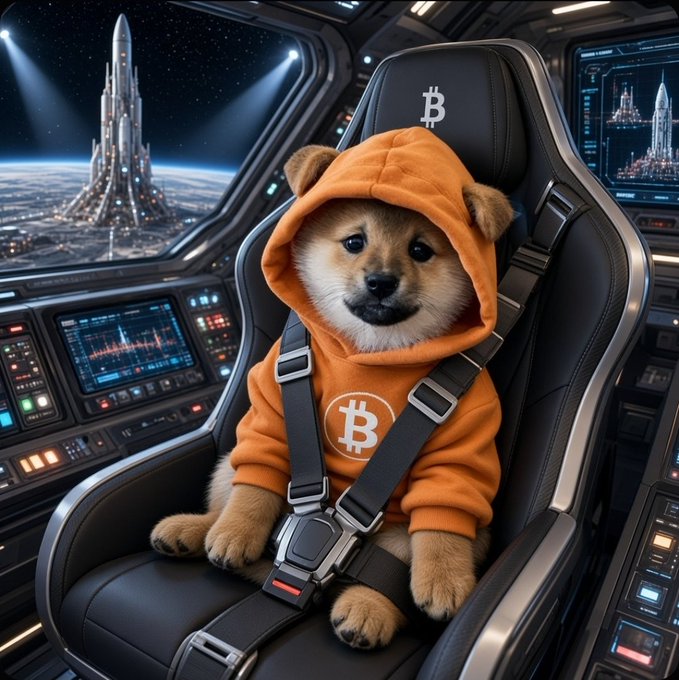 A Shiba Inu dog wearing an orange Bitcoin hoodie seated in a futuristic spaceship cockpit, with a glowing city visible through the window.