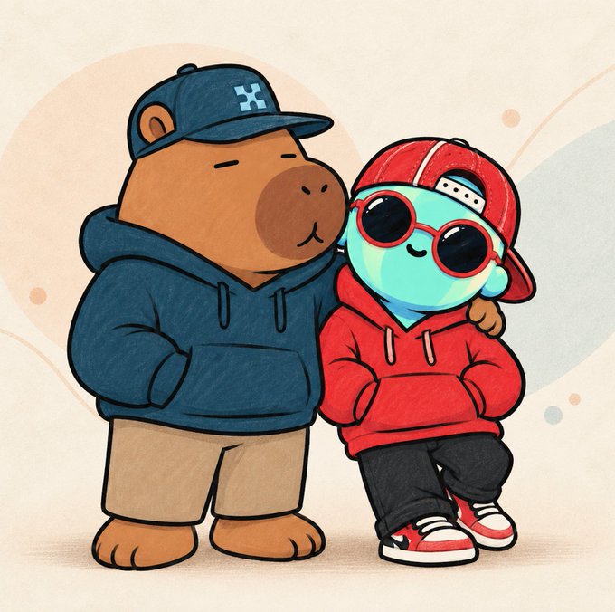 An illustration of two cartoon characters—one being a brown bear in a blue hoodie and cap, the other a small blue character in a red hoodie with sunglasses—standing together with arms around each other.