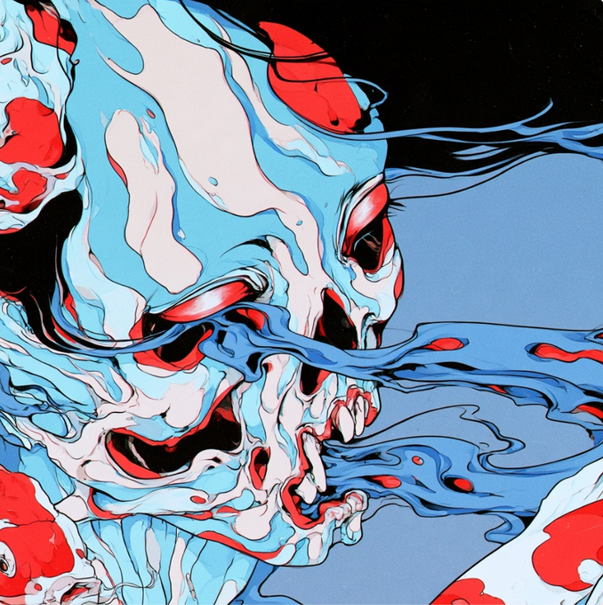 A stylized, illustrated artwork features a melting or fluid skull-like face rendered in light blue, white, and red tones against a black background, with tendrils of color extending outward.