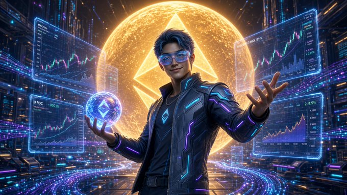 A glossy futuristic illustration shows a man in sunglasses holding a glowing crypto orb while surrounded by holographic market charts, neon city structures, and a large golden Ethereum-like symbol behind him.