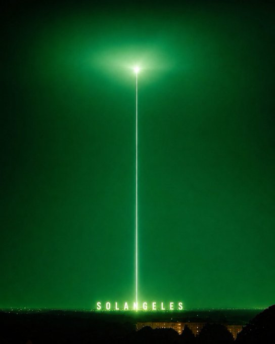 A nighttime photograph shows a brilliant green beam of light shooting up into the sky from the 'SOLANGELES' sign in Los Angeles.