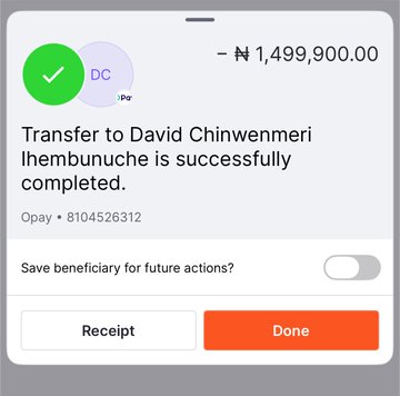 A mobile banking transfer confirmation screen showing a successful transfer of ₦1,499,900.00 to David Chinwenmeri Ihembunche via Opay.