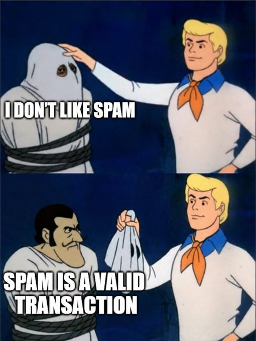 The image is a two-panel Scooby-Doo meme: in the top panel, Fred pulls the mask off a "ghost" tied up in ropes, with text reading "I DON'T LIKE SPAM," while in the bottom panel, the unmasked villain (a mustachioed man) is revealed holding the mask, captioned "SPAM IS A VALID TRANSACTION." It ties into the post's ongoing "Spam War" meme series, framing the recurring meme debate as a comedic unmasking where the "spam" format gets exposed as an acceptable form of engagement on day #12.