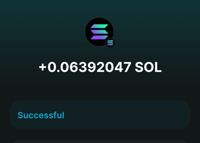 A dark-themed crypto transaction confirmation screen showing the Solana logo, a transfer of '+0.06392047 SOL' marked as 'Successful'.