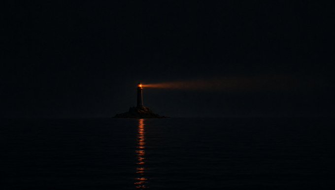 A dark nighttime photograph shows a lighthouse standing on a small rocky outcrop in the middle of calm water, casting an orange glow that reflects on the surface.