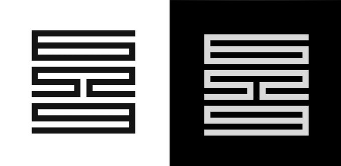 A side-by-side comparison of a black geometric maze-like pattern on white (left) and the same design inverted to white on black (right), reflecting the post's appreciation for black and white NFT artwork from 6529.io.