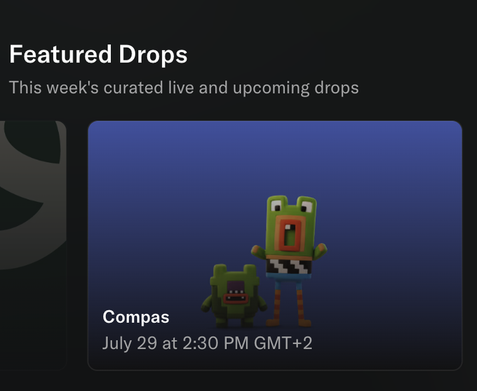 The "Compas" featured drop is scheduled for July 29 at 2:30 PM GMT+2, with the post wishing good luck on the mint.