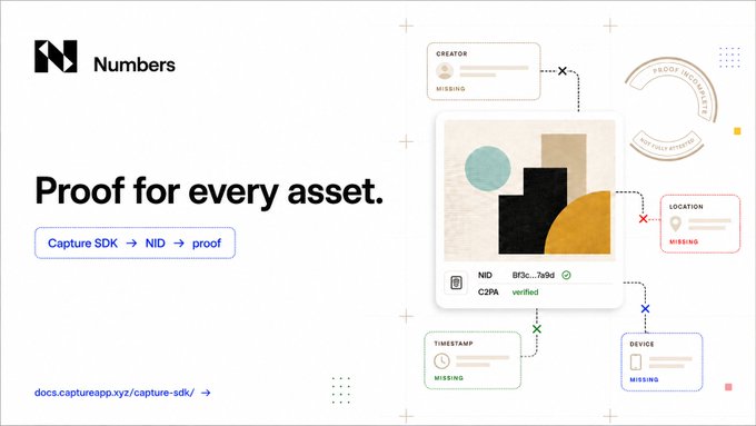 A promotional image for "Numbers" featuring the headline "Proof for every asset" and a Capture SDK → NID → proof workflow diagram, showing a sample asset card (NID 8f3c...7a9d, C29A, verified) linked to four data fields: Creator, Location, Timestamp, and Device—with the post emphasizing that agents should retain all four provenance fields (who, when, what, where) rather than only the file itself.