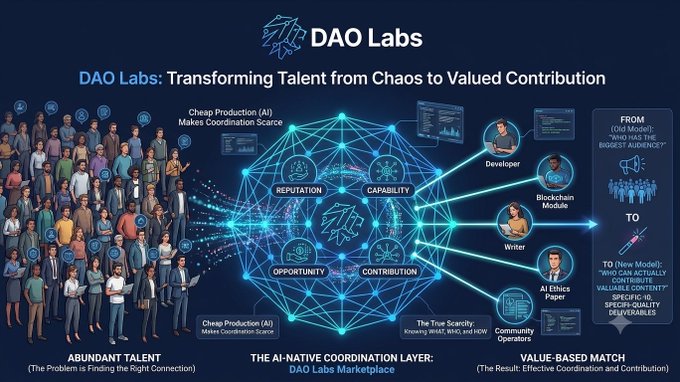 A DAO Labs infographic titled 'Transforming Talent from Chaos to Valued Contribution,' showing abundant talent flowing through an AI-native coordination marketplace with Reputation, Capability, Opportunity, and Contribution nodes to produce value-based matches.