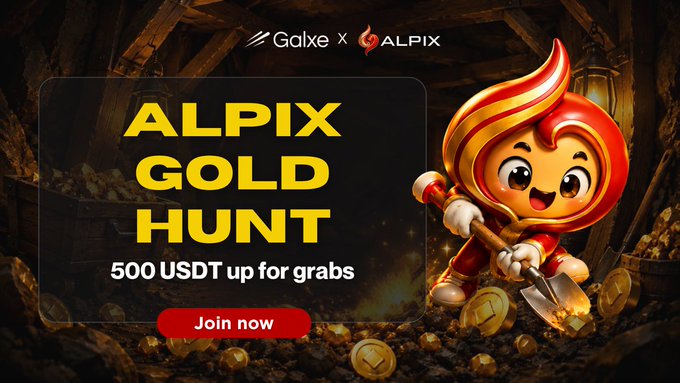 The image features an advertisement for a gaming event, specifically for the game called "ALPIX Gold Hunt" organized by the company "Galex." The poster showcases a large gold character holding a shovel with its right hand while the left hand is outstretched, appearing ready to dig up something in front of it. 

There's also an image on the bottom left corner depicting a pile of gold coins scattered around the character, which adds to the idea that this game involves finding treasure chests filled with gold coins. The poster clearly states that there are "500 USDT up for grabs" and invites users to join in by visiting www.galex.com/quest/Ng4LkzkP. This event offers a golden opportunity for gamers to engage in exciting gameplay experiences and potentially claim their reward of 500 US Dollars.
