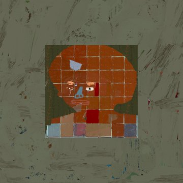 A small child-like figure made of colorful rectangular blocks stands against a dark background within a larger textured grayish-green canvas.