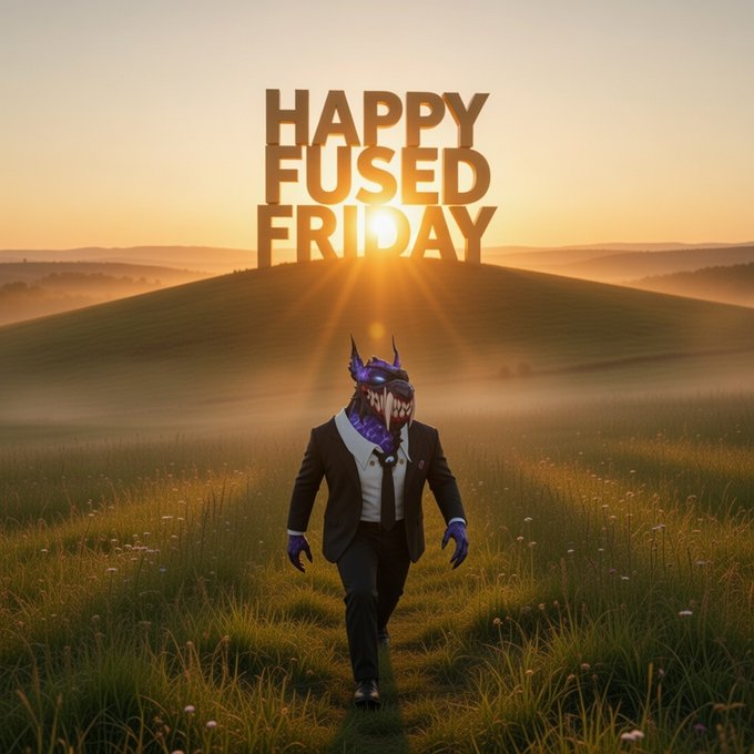 Digital artwork with 'HAPPY FUSED FRIDAY' text over a misty sunset landscape, featuring a purple werewolf character in a black suit walking through a flower-filled meadow.