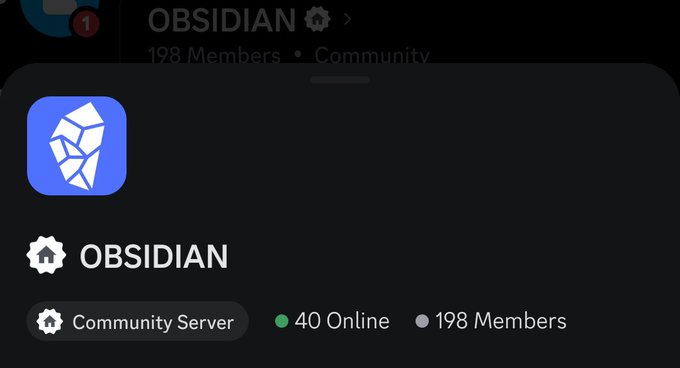 A Discord server interface for OBSIDIAN, showing a blue crystal logo, 'Community Server' label, '40 Online', and '198 Members'.