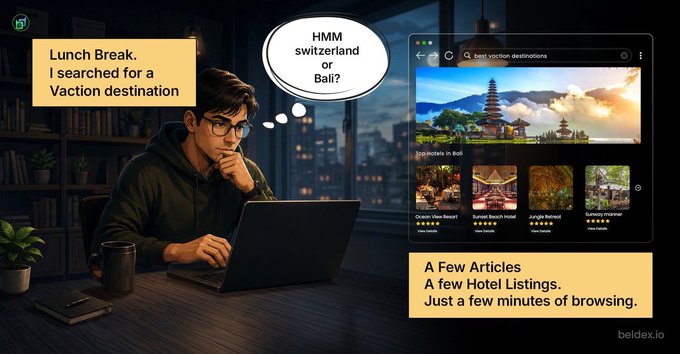 An illustrated image of a person thinking during a lunch break, with a thought bubble asking 'HMM switzerland or Bali?' and a laptop showing a 'best vacation destinations' search, accompanied by text about browsing articles and hotel listings.