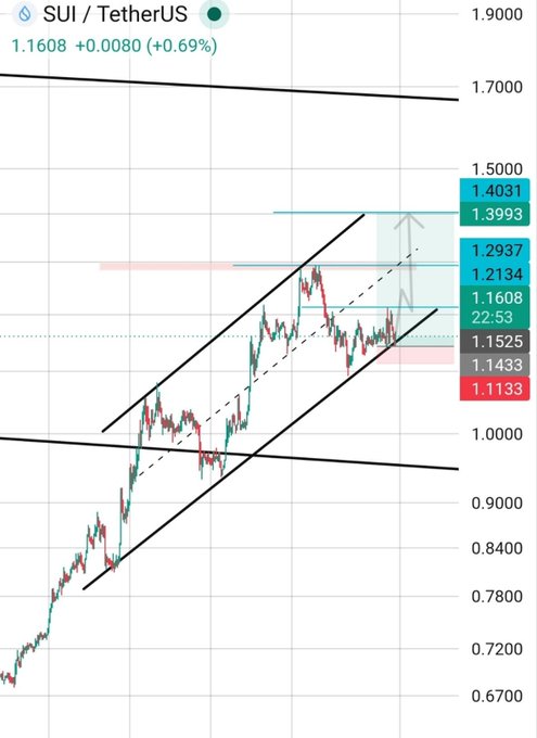 A cryptocurrency price chart for SUI/TetherUS showing a current price of 1.1608 (+0.69%), with technical analysis indicating an upward channel pattern and key price levels marked.
