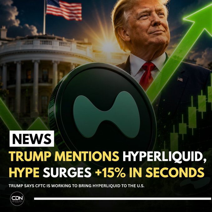 This image visually depicts the news that "TRUMP MENTIONS HYPERLIQUID, HYPE SURGES +15% IN SECONDS," featuring a graphic of Donald Trump with a green upward trending arrow and a cryptocurrency coin labeled with the Hyperliquid logo.