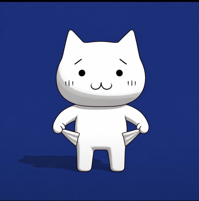 A white cartoon cat character with an empty wallet, standing against a blue background, perfectly illustrating the post's sentiment of being broke and unable to afford the "$SHOBON" token.