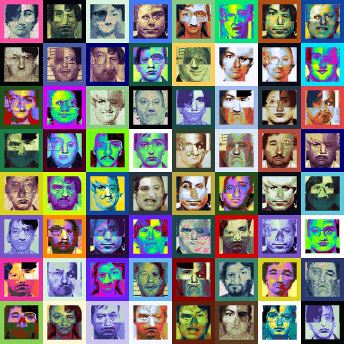 A grid collage of 64 distorted, color-tinted pixelated portraits arranged in 8 rows and 8 columns, showing fragmented faces in various hues like green, blue, pink, and orange.