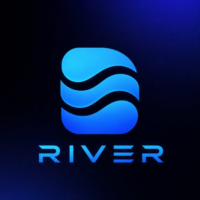 A glowing blue logo featuring three stacked, wave-like shapes above the text "RIVER" is displayed against a dark navy background, representing the River project's identity as described in the accompanying post about stablecoin liquidity and collateral systems.