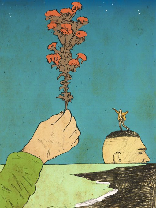 In the image, a person's hand is holding a bunch of flowers above their head with a bird perched on top of them. The scene takes place against a blue sky backdrop, which adds depth and contrast to the illustration. The text "Gm 'The Dream' @xrpcafe" appears in the image as well.