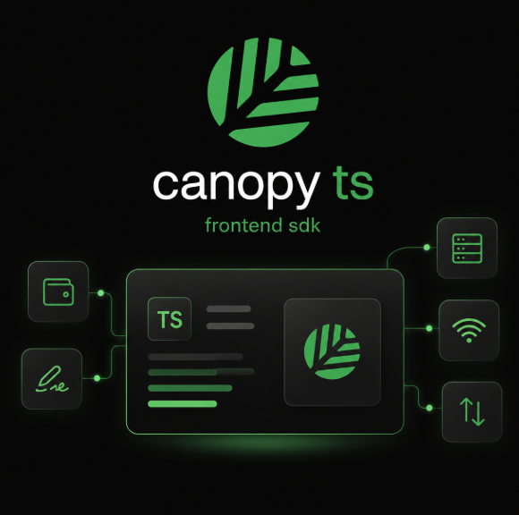 A promotional graphic for "canopy ts" described as a "frontend sdk," featuring a green leaf logo and various UI/tech icons on a black background.