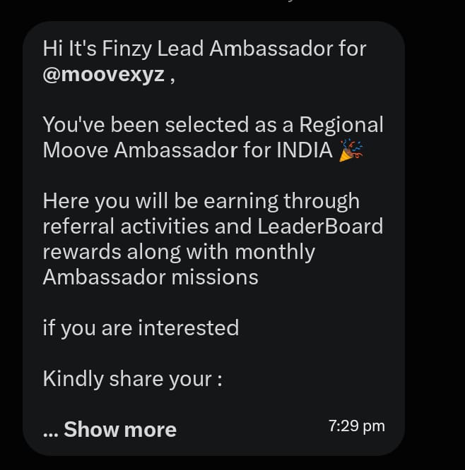 A direct message from Finzy, Lead Ambassador for @moovexyz, announcing the recipient's selection as a Regional Moove Ambassador for INDIA, with earning opportunities through referral activities, LeaderBoard rewards, and monthly missions.