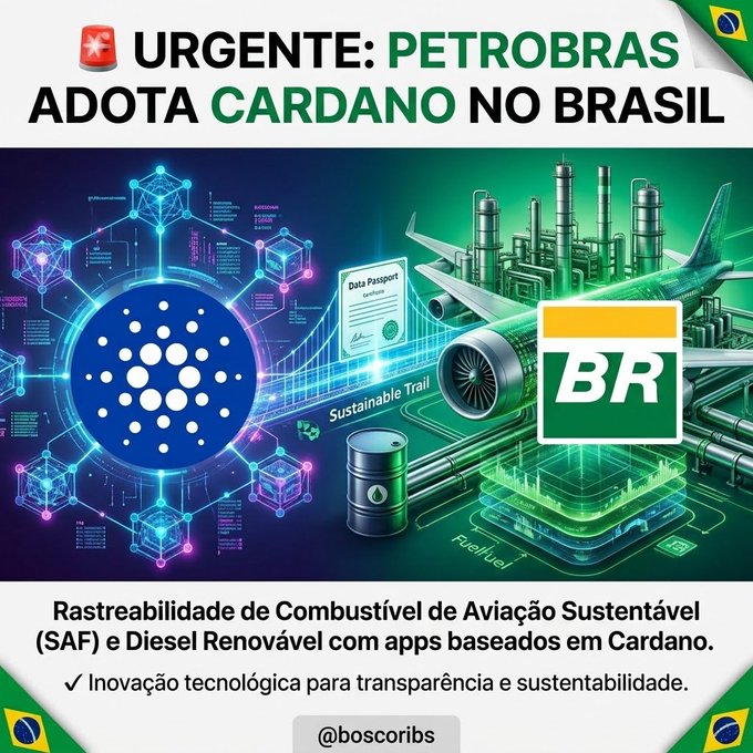 A graphic reading 'URGENTE: PETROBRAS ADOTA CARDANO NO BRASIL' promoting sustainable aviation fuel traceability and renewable diesel apps based on Cardano, featuring logos for Petrobras (BR) and Cardano, posted by @boscribs.
