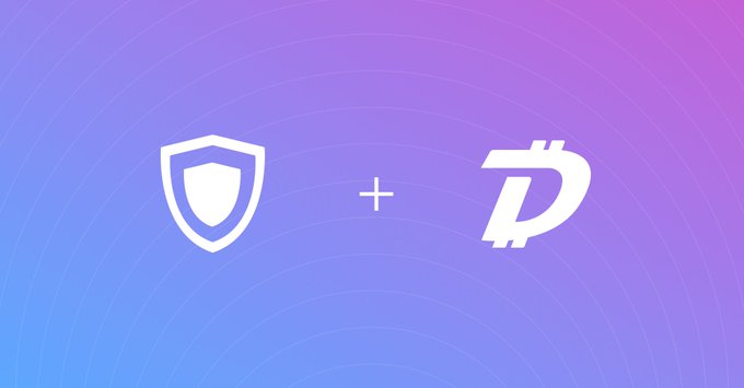 A graphic on a purple and blue gradient background showing a shield icon next to a plus sign and a stylized "D" currency symbol, suggesting a partnership or integration announcement.