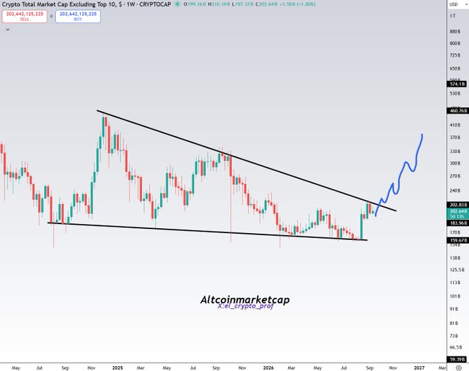 A TradingView chart of the Crypto Total Market Cap Excluding Top 10 (OTHERS) ticker shows a two-year falling wedge formation, with price breaking above the upper trendline near $202.6B and a projected blue arrow indicating potential further upside toward $400B+. The technical setup visually supports the post's claim that altcoins are poised for an imminent breakout following the wedge pattern.