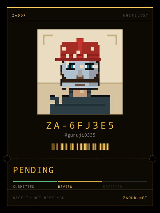 A pixel art profile picture of a character with a red hat and beard is shown on a card with the ID 'ZA-6FJ3E5', username '@guruji0335', and a status of 'PENDING' from 'ZADDR.NET'.