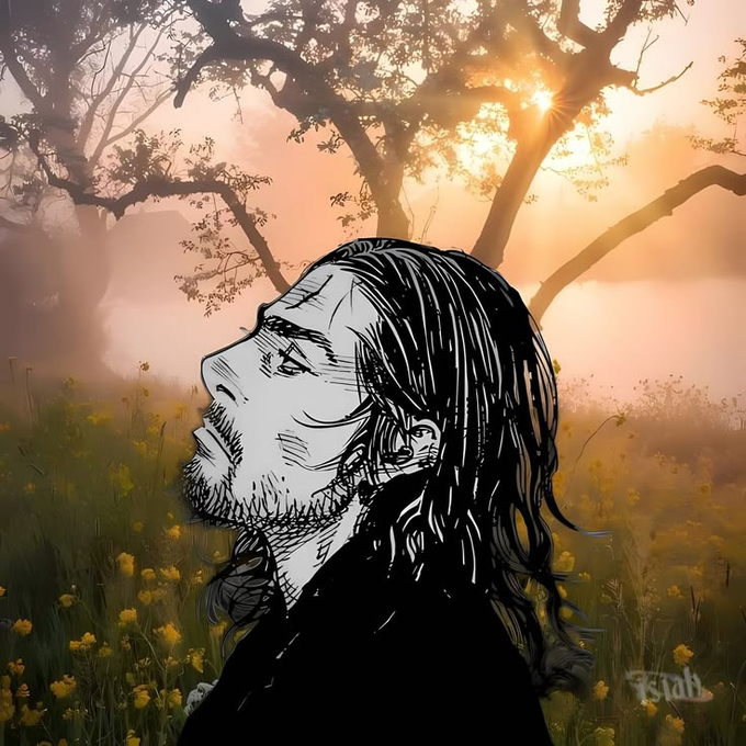 An artistic illustration of a bearded man with long dark hair rendered in black and white line art, set against a warm, sunlit landscape with trees and yellow flowers.