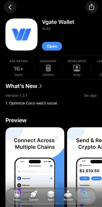 The image shows an app store listing for "Vgate Wallet" by Vcity, rated 16+ and categorized under Utilities, with version 1.3.1 optimizing Coco web3 social features. The screenshot supports the post's instructions by displaying the Vgate Wallet interface with a navigation bar at the bottom including a "Search" tab, which would be used to find and access V Studio within the DApp section.