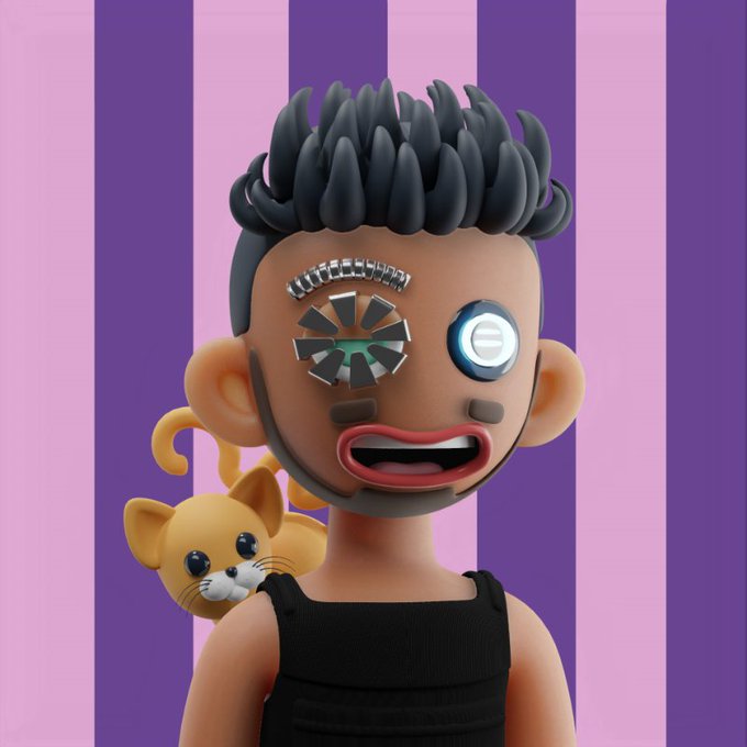 A 3D rendered character with dark spiky hair and a robotic face featuring mechanical eyes and visible joints, wearing a black tank top, accompanied by a small orange cat on a pink and purple striped background.