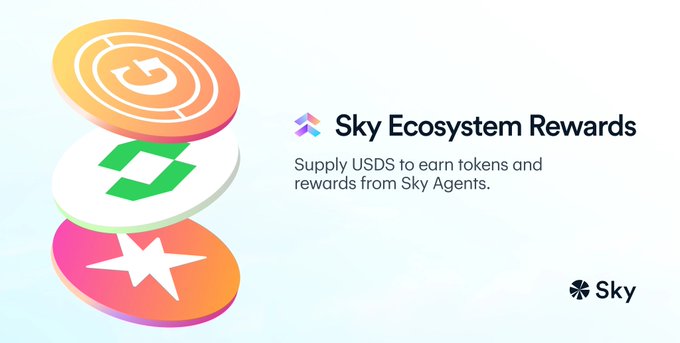 The image displays a promotional graphic for "Sky Ecosystem Rewards" with colorful stacked discs on the left bearing various logos including what appears to be an "S" symbol. The accompanying text explains that by supplying USDS to the module, users can accrue tokens or points from independent Sky Agents and ecosystem partners, illustrating the different rewards and mechanics available within the Sky ecosystem.