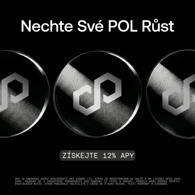 A black promotional image featuring three POL cryptocurrency logos with the Czech text 'Nechte Své POL Růst' (Let Your POL Grow) and 'ZÍSKEJTE 12% APY'.