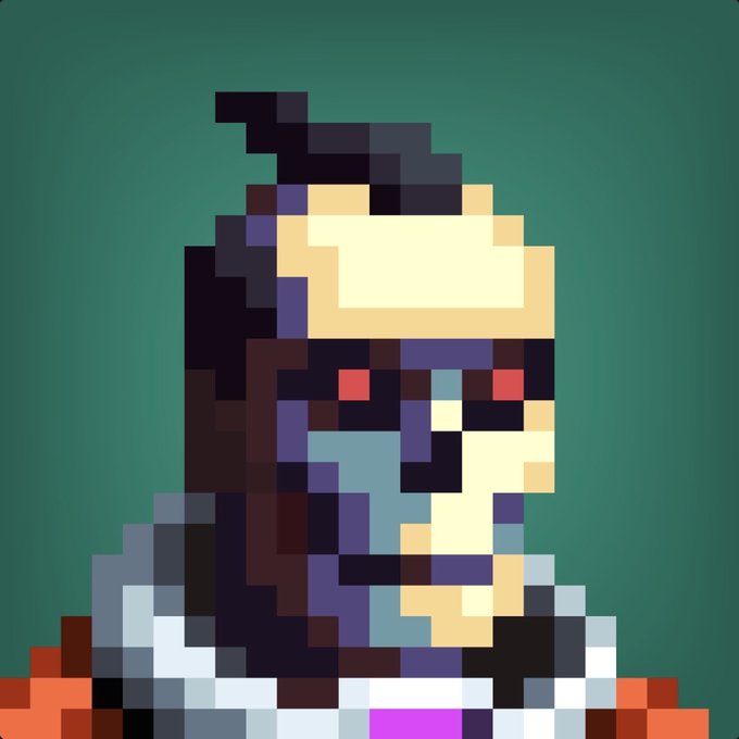 A pixel-art portrait of a hooded figure with red eyes and a skull-like face on a teal background.